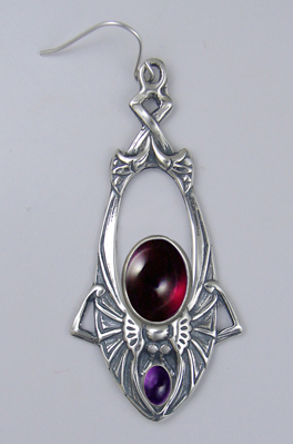 Sterling Silver Dramatic Art Deco Drop Dangle Earrings With Garnet And Amethyst